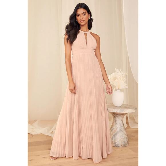 Lulu’s Ode To Romance Blush Pink Chiffon Pleated Keyhole Halter Maxi Dress Small - Picture 16 of 16